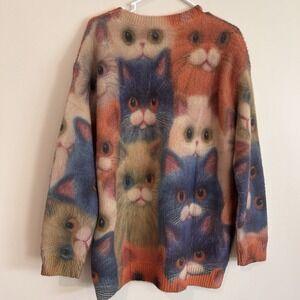 Cat Lover Fuzzy Sweater Womens Sz M Soft Cozy Colorful Funky Artsy Oversized